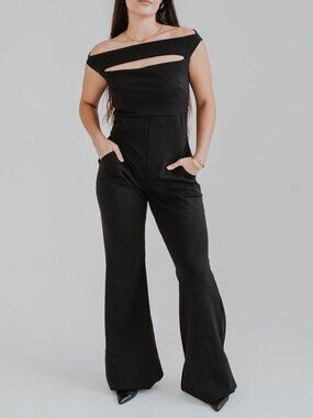 NWT CHIARA BONI LA PETITE ROBE BLACK SPARKLY REBECCA CUT OUT JUMPSUIT